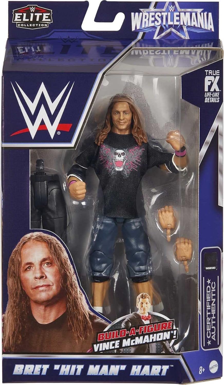 Mattel Bret “Hit Man” Hart WrestleMania Action Figure with entrance shirt & Vince McMahon Build-A-Figure Pieces, 6-in Posable Collectible Gift for Fans Ages 8 Years Old & Up