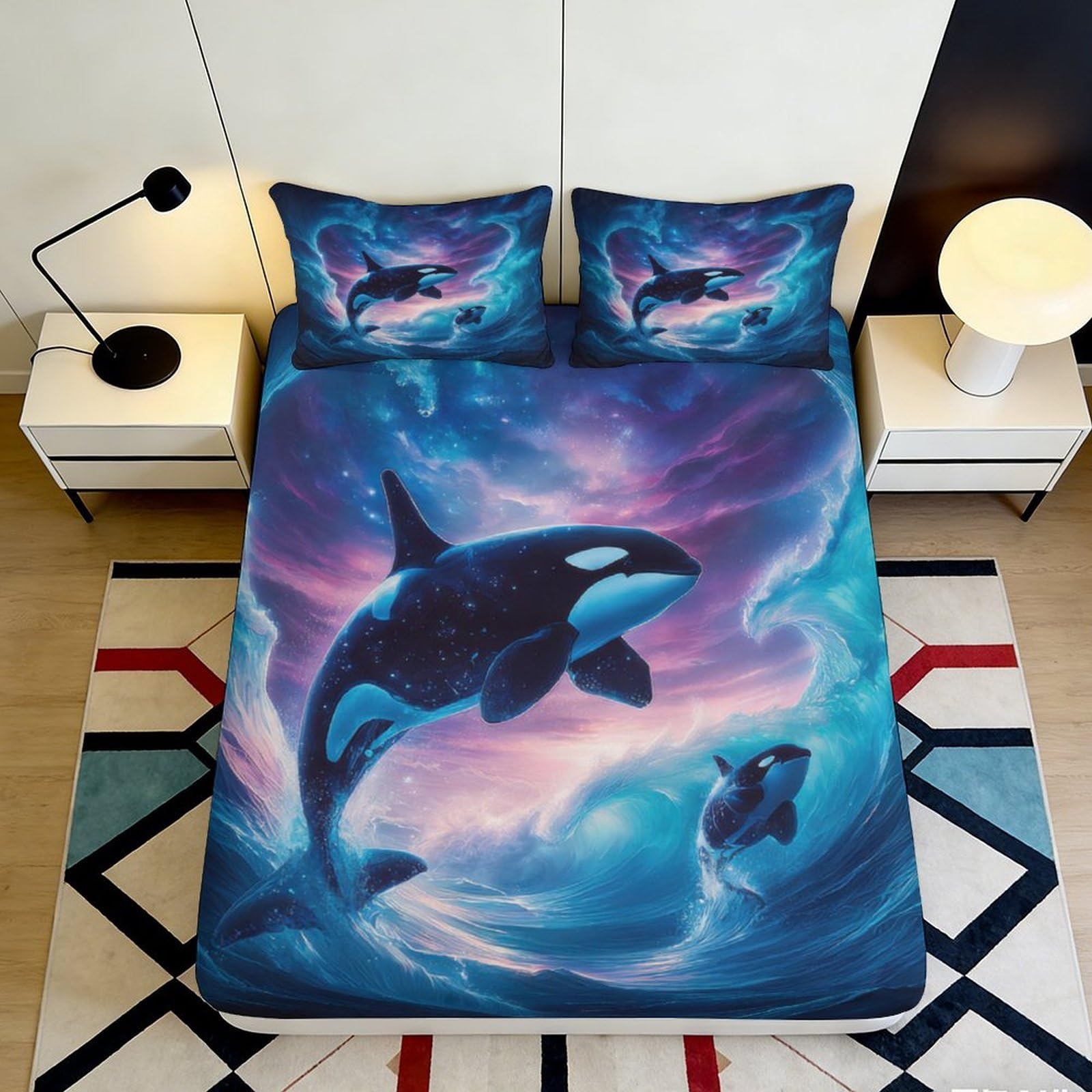 3D Printed Ocean Whale Fitted Sheet Microfiber Anti-Slip Mattress Cover for Bedroom Guest Room Protection Decor 90x200x25cm