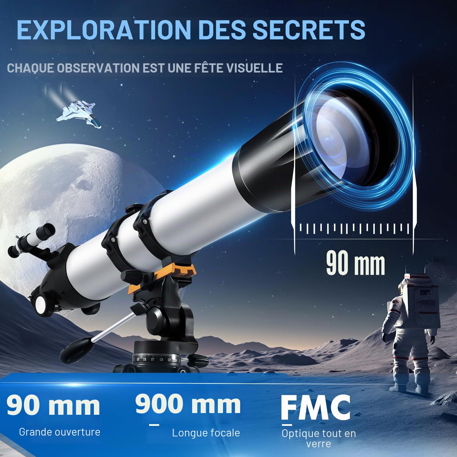 Télescope astronomique Professionnel pour Adultes, diaphragme 900 mm, télescope réfracteur pour débutants, télescope astronomique pour Observer la Lune et Les planètes
