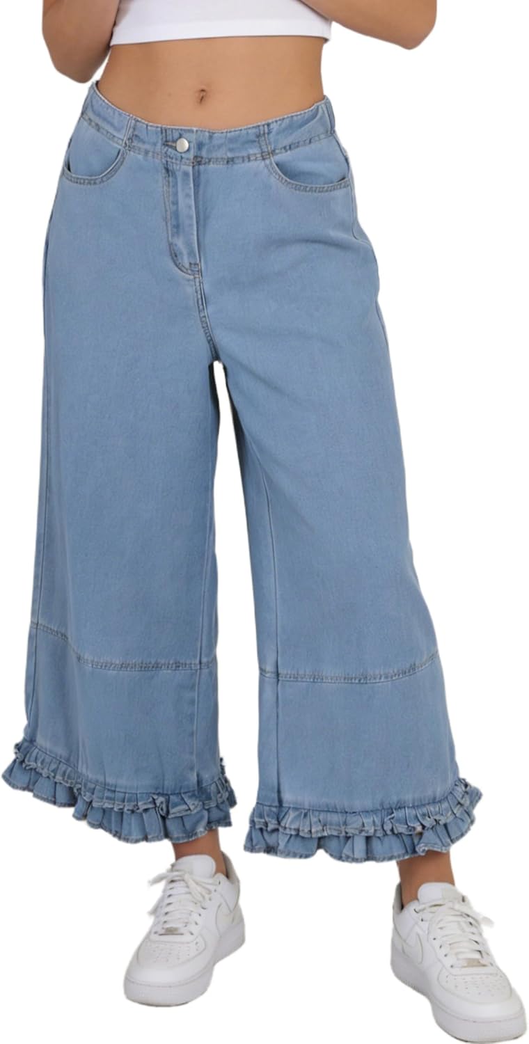 Dqbeng Womens Ruffle Hem Wide Leg Jeans Mid Rise Baggy Cropped Denim Pants with Pockets