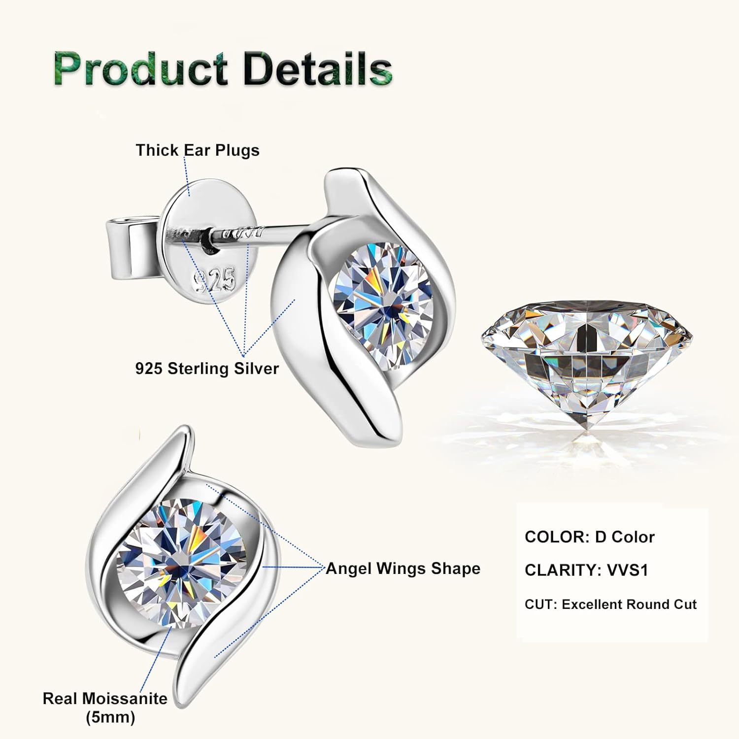 Moissanite Stud Earrings, D Color VVS1 Clarity Brilliant 925 Sterling Silver Stud Earring for Women or Men Birthday Jewelry Gifts - Image 2