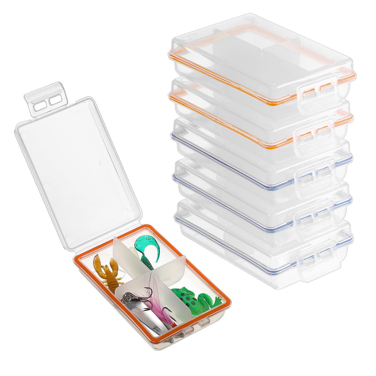 JUXYES Pack of 6 Plastic Small Fishing Tackle Box Organizer with 4 Compartments, Clear Mini Fishing Tackle Storage Boxes with Dividers, Transparent Fish Pocket Tackle Storage Box Lure Box