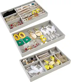 Kit Organizador de Joias com 3 Bandejas de Veludo, Compartimentos para Anéis, Brincos, Colares e Pulseiras, Cinza, Porta Jóias - Organização (Cinza)