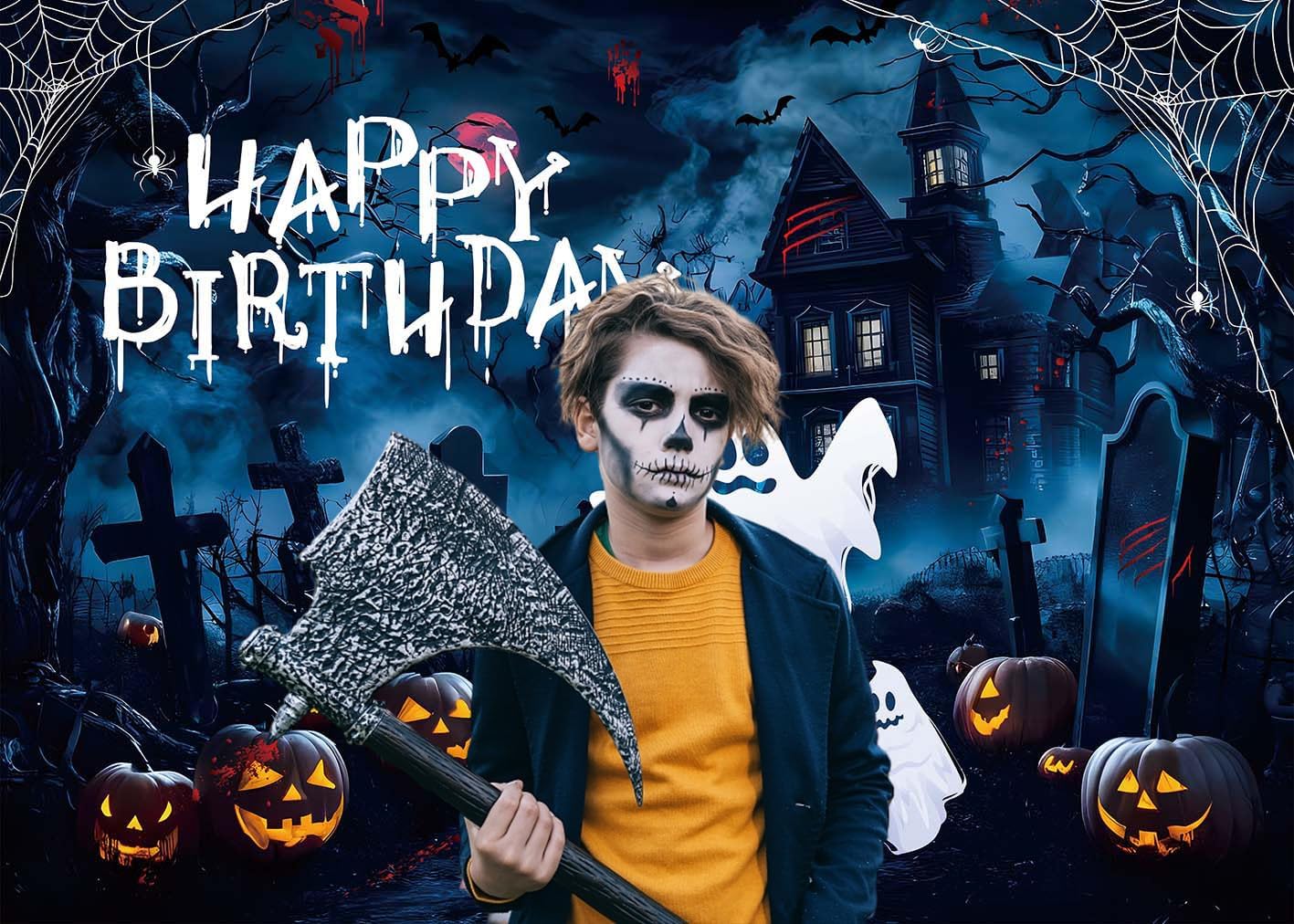 Halloween Birthday Banner Backdrop Spooky Ghost Happy Birthday Photography Background Ghost Horror Halloween Bday Decorations for Boys Girls Party Party Supplies (2.4x1.8m)