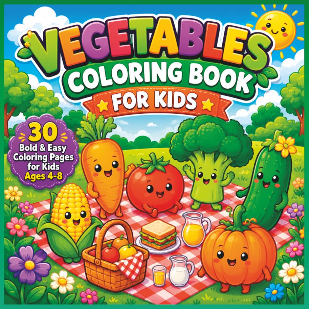 Vegetables Coloring Book for Kids Ages 4-8: 30 Cute, Bold and Easy Vegetable Coloring Pages with Fun Adventure Scenes
