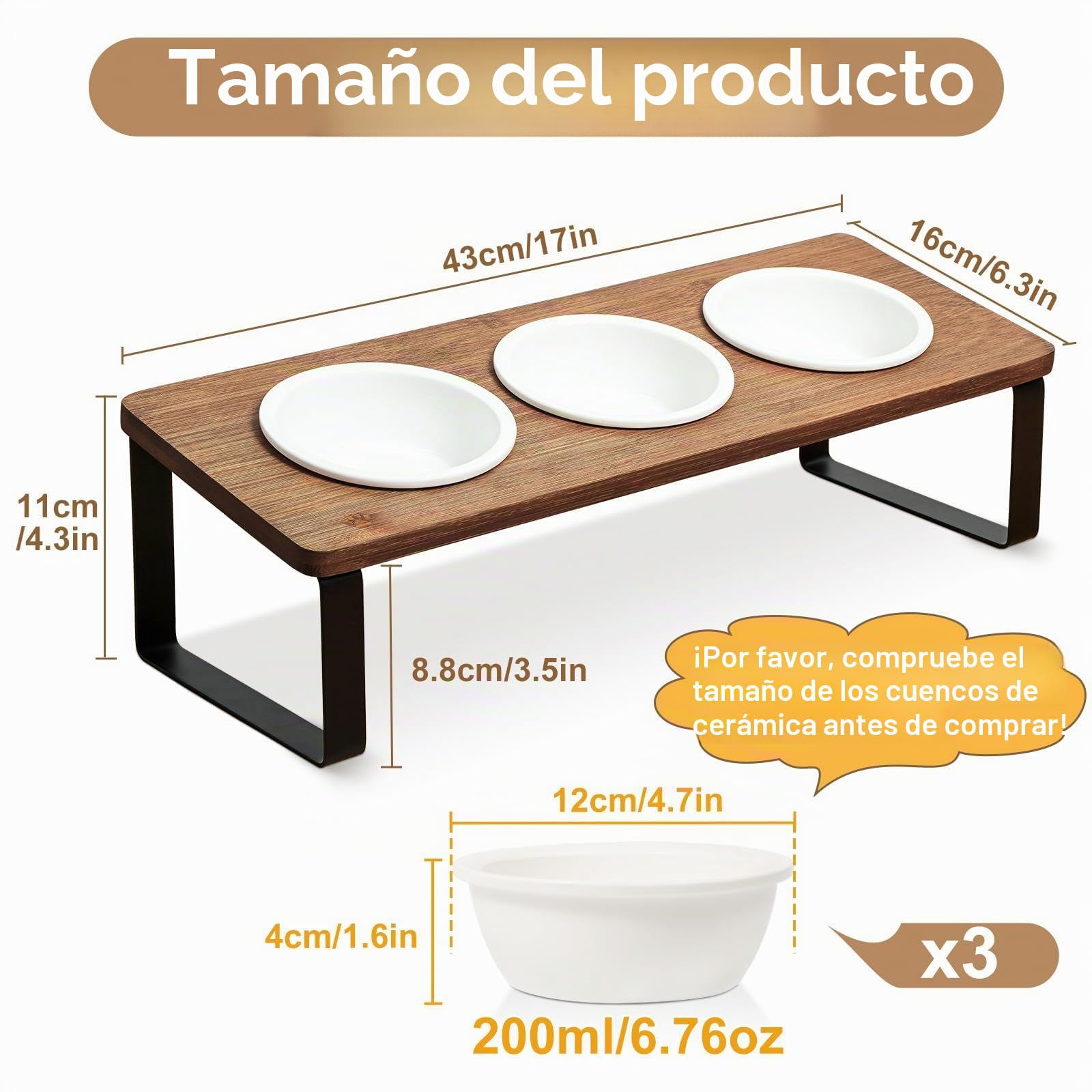 GUUSII HOME Comedero Gato Elevado 3 Cuencos Comederos para Gatos Antivómitos Inclinado 15° Ceramica Cuenco Gato 3 en 1 con Soporte de Bambú Natural para Evitar la Fatiga de los Bigotes