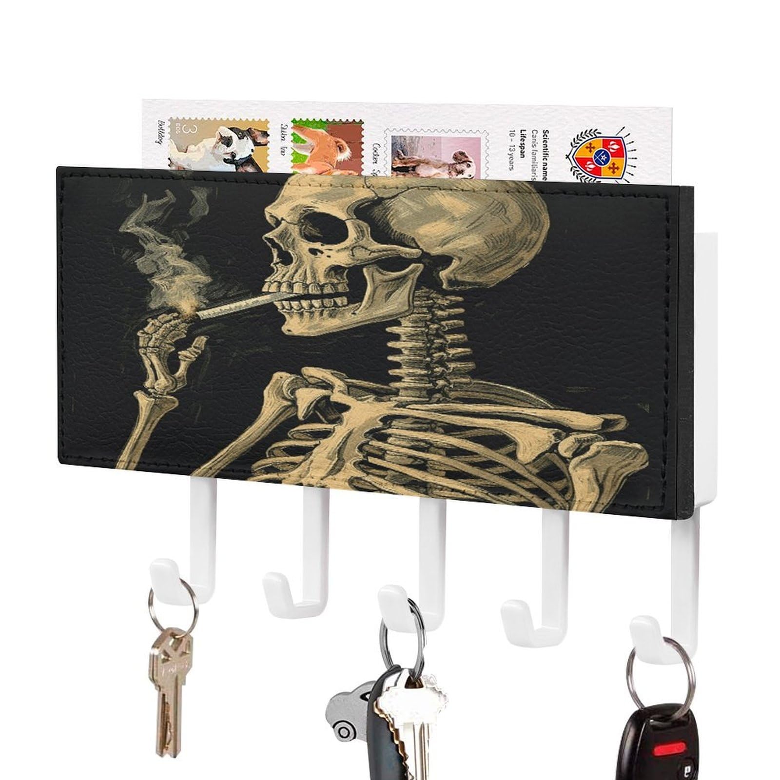 FekiLoot A Skeleton with Burning Cigarette Key Holder Wall Mount Decorative Mail Organizer with 5 Self Adhesive Key Hooks with Tray, Coat Rack, Wall Mount