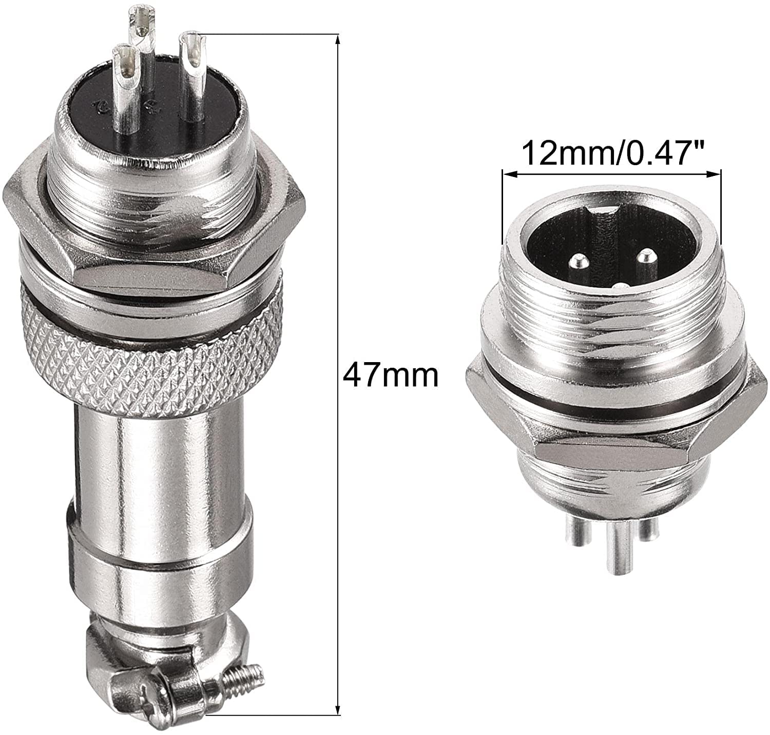 Connecteur d'aviation 16 Pcs, 12-3, Fiche mâle femelle, 3 broches, 5A, 12mm, Métal et Plastique, Argent, Noir