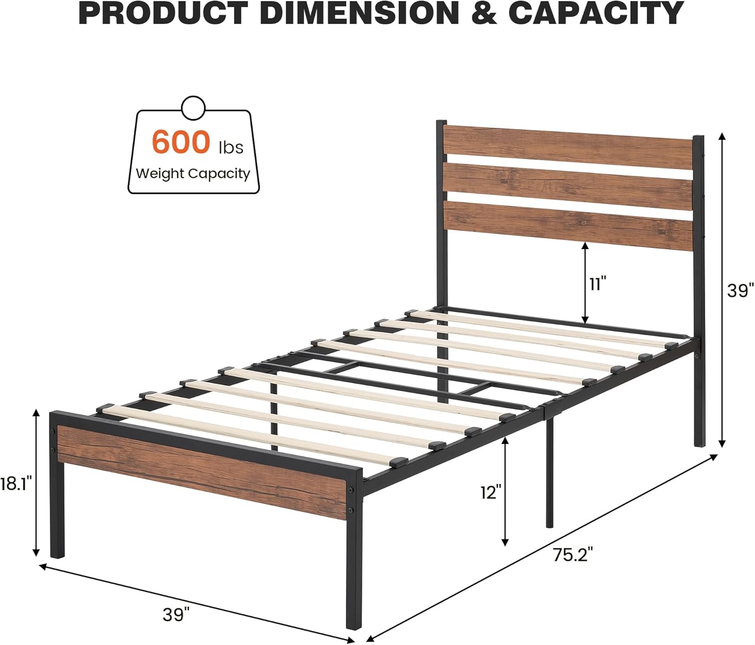 IDEALHOUSE Twin Size Wood Platform Bed Frame with Rustic Vintage Headboard, Metal Platform Mattress Foundation with Steel Slats Support, No Box Spring Needed, Noise Free