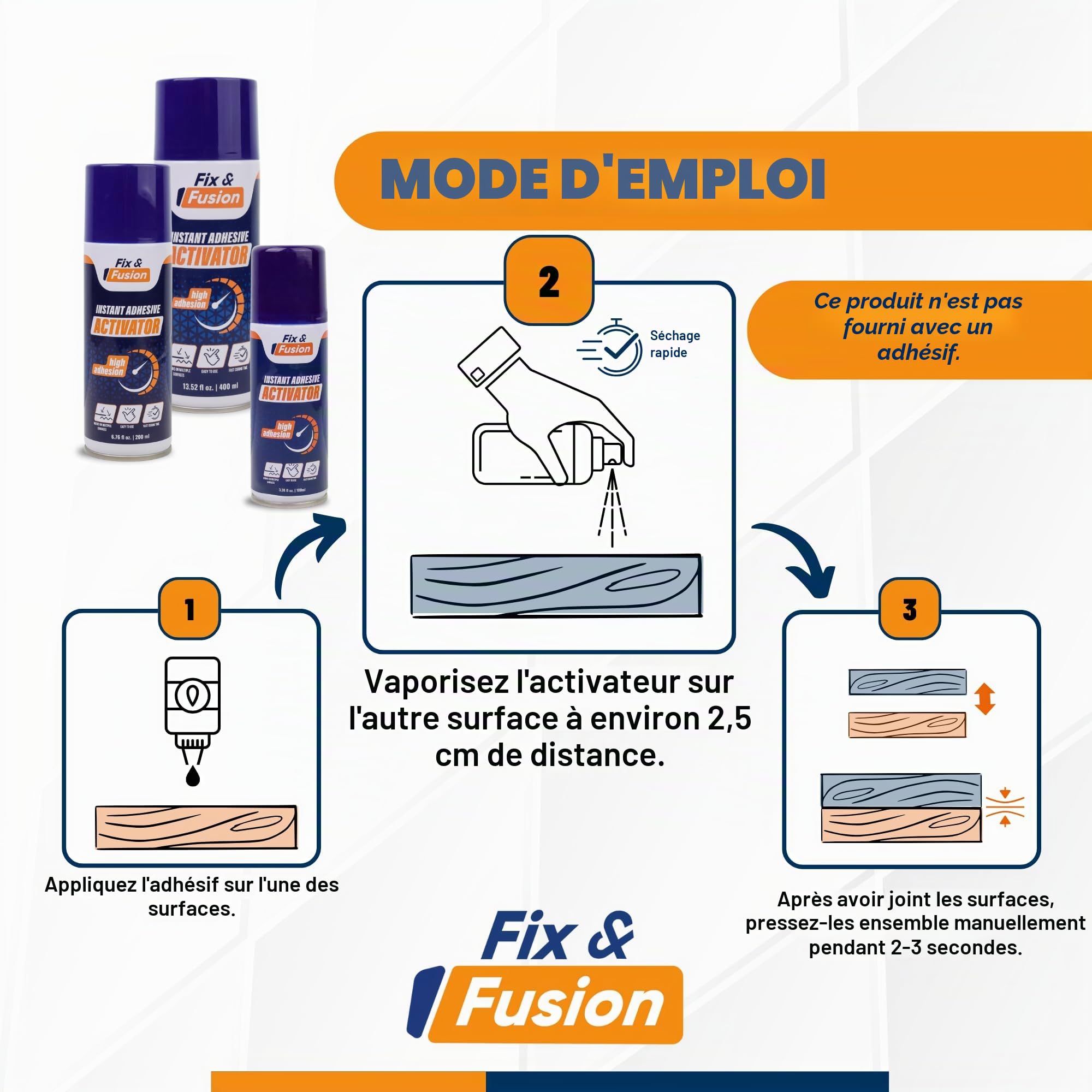 FIX & FUSION Activateur Spray (400 ml) | Accélérateur Séchage pour Colle Cyanoacrylate (CA) Super Glue | Bois, Plastique, Caoutchouc, Granit & Bricolage | Adhérence Renforcée, Séchage Rapide (2 Pack)