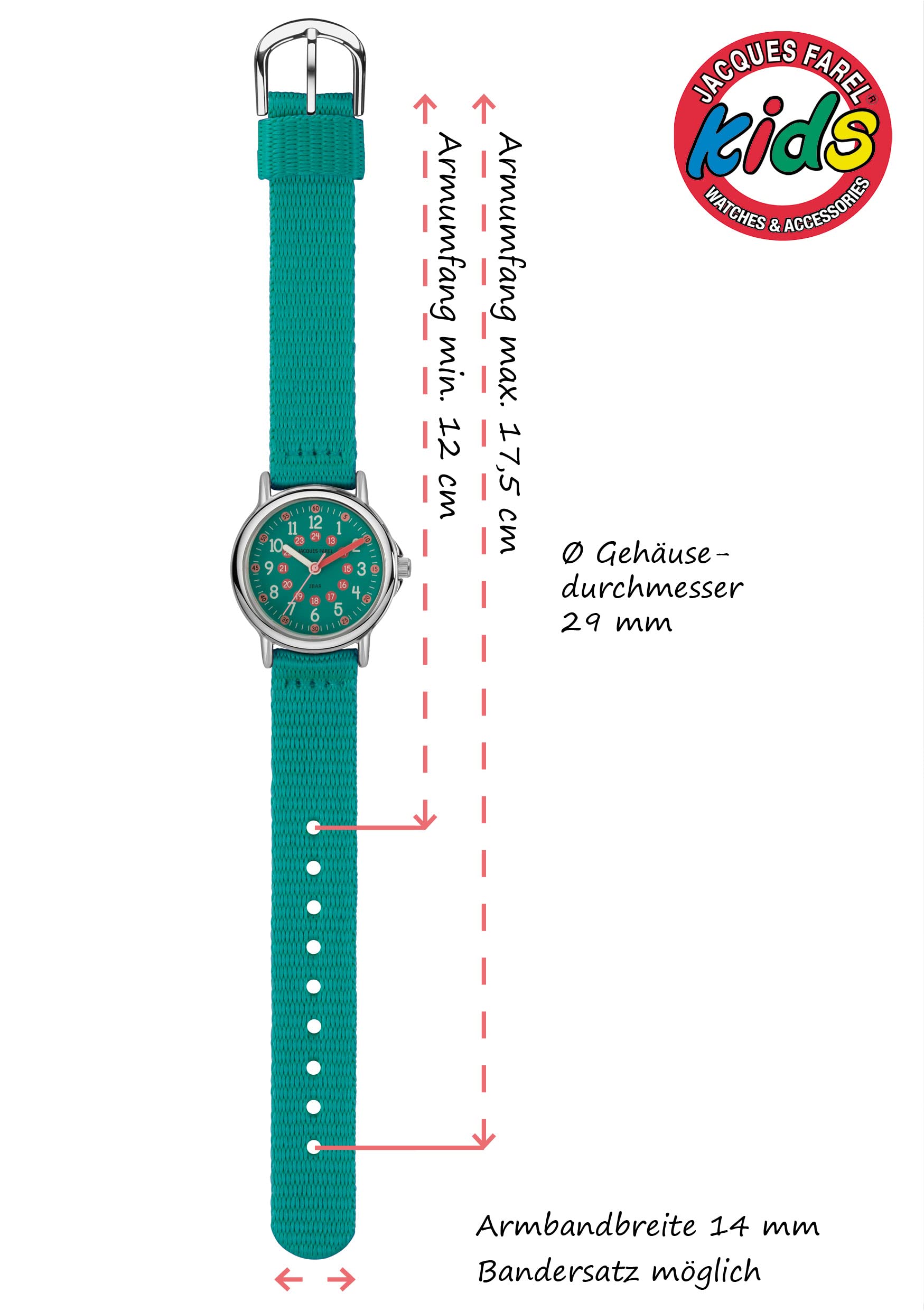 Jacques FAREL Kinder-Armbanduhr Lernuhr Mädchen Analog Quarz mit Textilband extra weich Türkis KCF 067