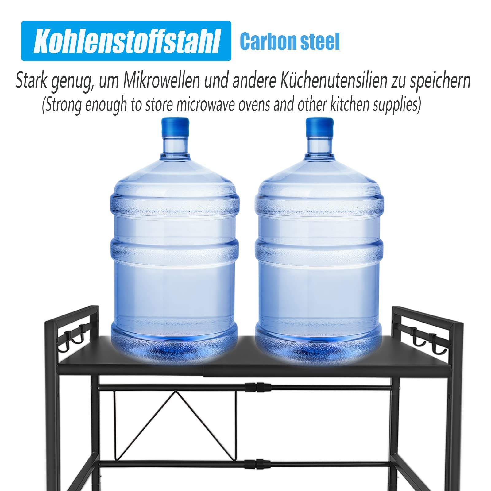 YRHome Erweiterbares Mikrowellen Regal 3-stufiges Mikrowellenständer Mikrowellenhalter Schwarz mit 8 Haken zum Aufhängen Organizer Bäckerregale Mikrowellenregalständer Küchenarbeitsplatten für Küche