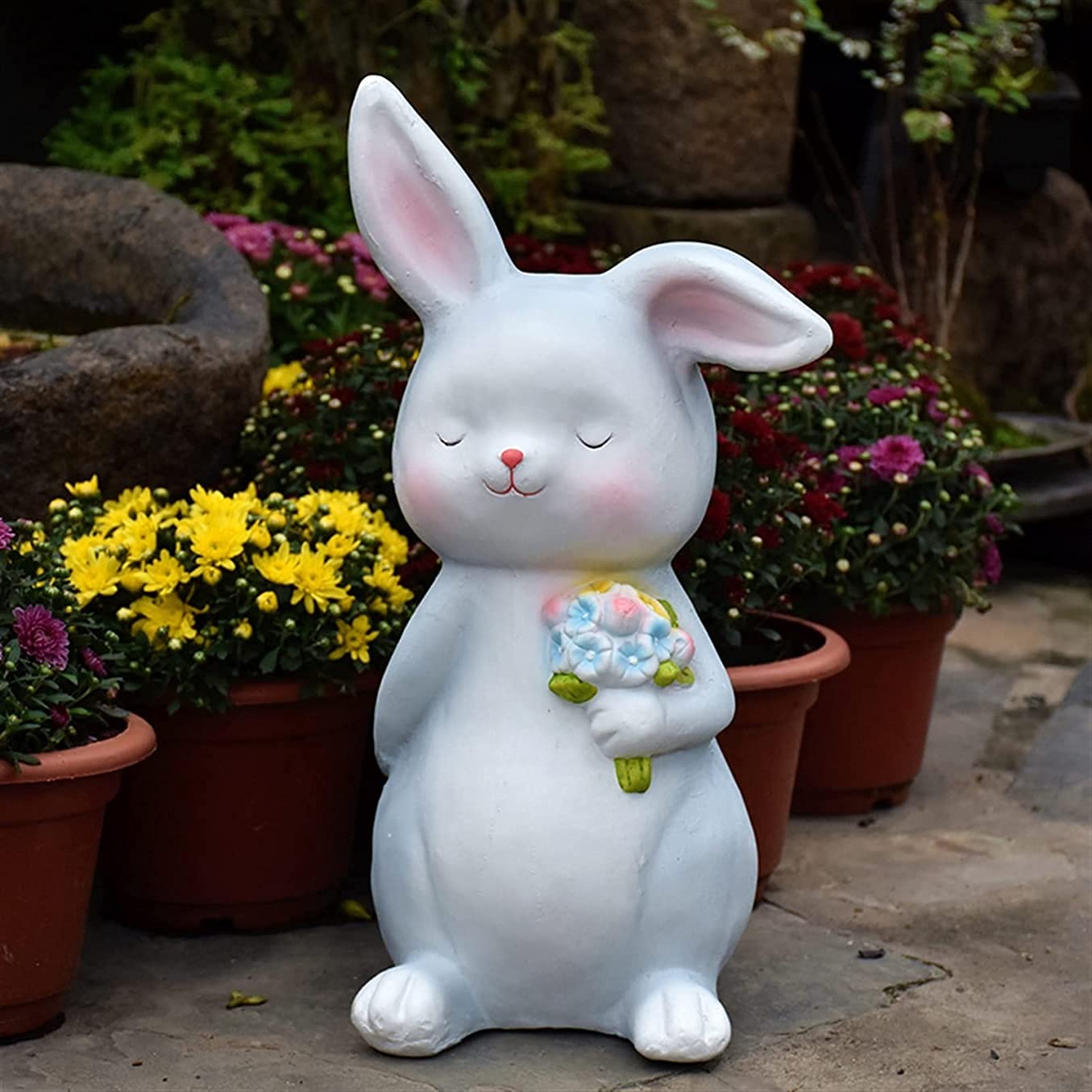 Figurka królika ogrodowego z żywicy, uroczy króliczek trzymający kwiaty na zewnątrz trawnik statuetka dekoracja, 45 cm wysokości