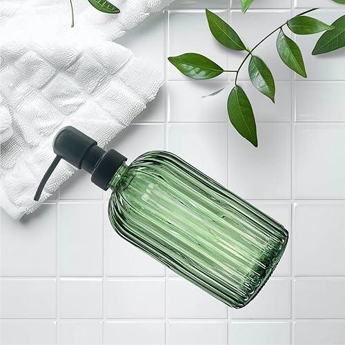 Miniatura 6 de Dispensador de jabón de vidrio verde con bomba de acero inoxidable negro a prueba de óxido, botellas de loción líquida transparente de baño de 13.5