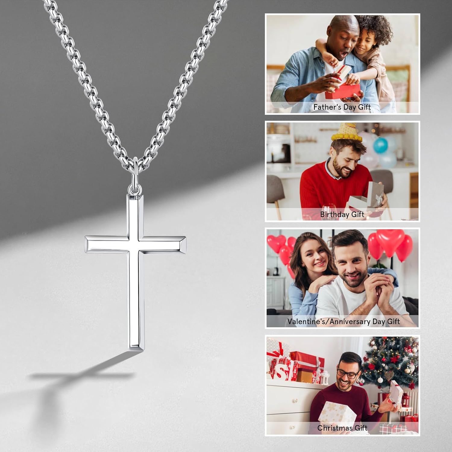 FANCIME Cross Necklace for Men Sterling Silver Cross Necklaces High Polished Gift For Men, Stainless Steel Box Chain Length 24 Inch - Image 5