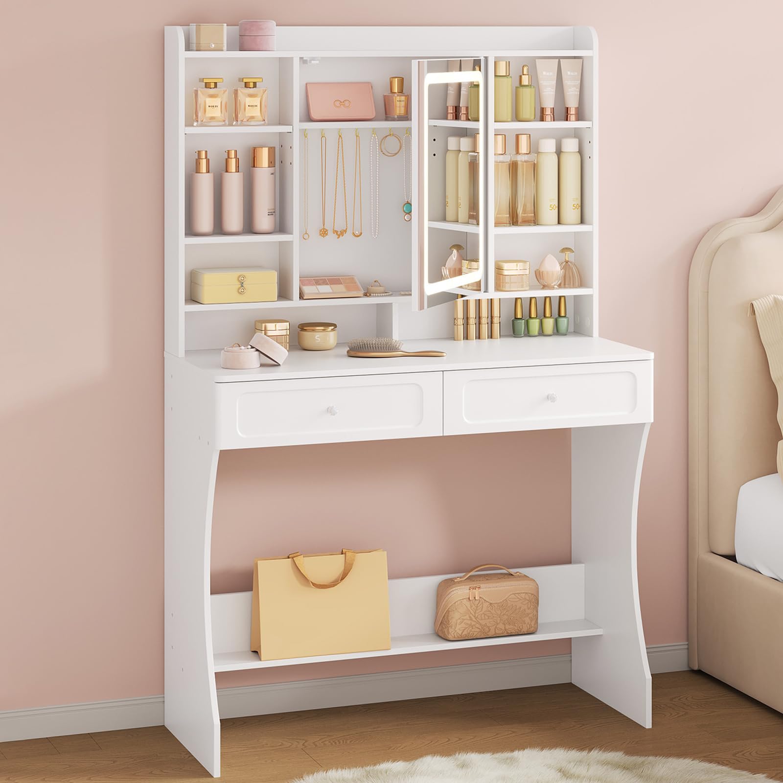 WOLTU Dressing Table with Mirror, Vanity Desk with Drawers and Shelves