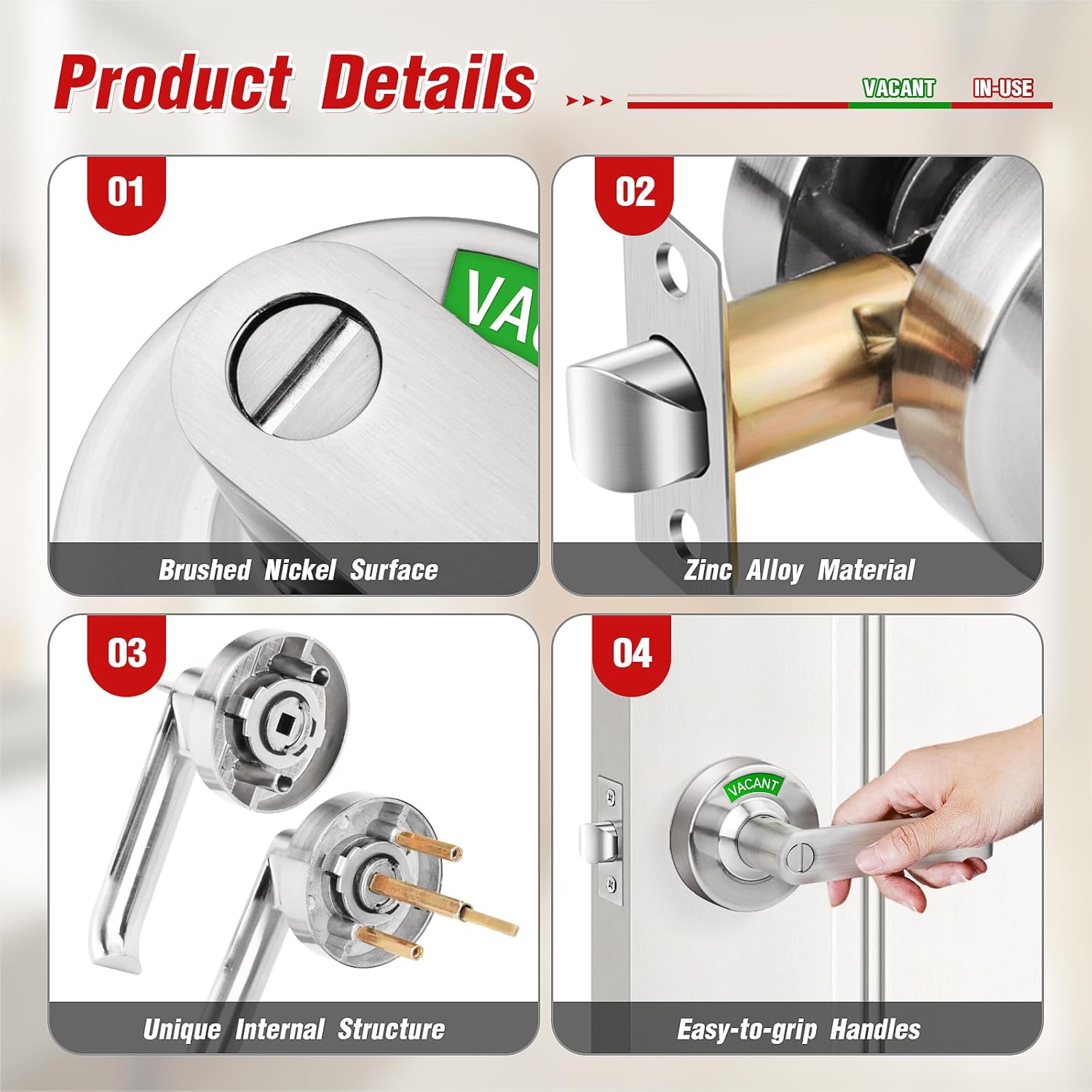 Bathroom Indicator Privacy Door Lock, Vacant Occupied Lock, Large Vacant or In-Use Door Handle, ANSI Grade 2 Commercial Grade, Satin Chrome