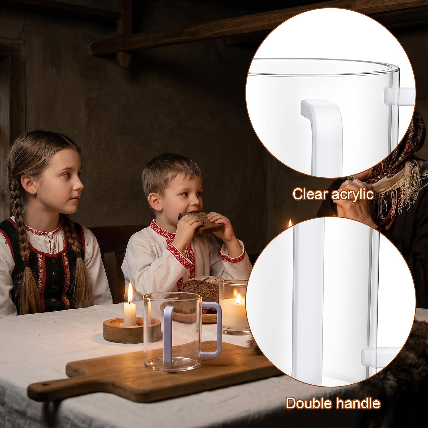 2 Pcs Acrylic Hand Washing Cup, Judaica Hand Washing Cup with Dual Handles, Netilat Yadayim Cup for Netilat Yadayim Jewish Ritual Kohanim (Clear, White Handle)