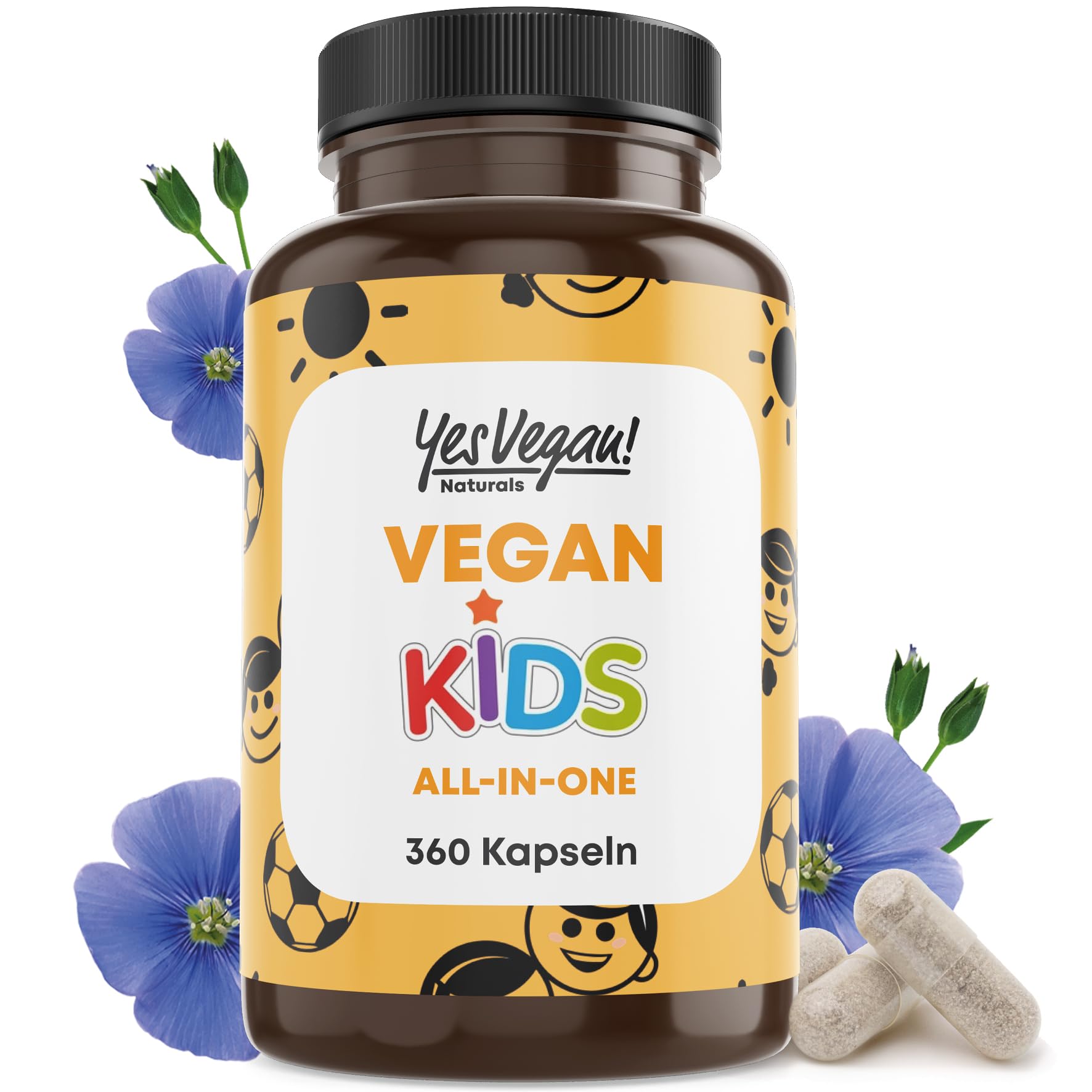 Kinder Vitamine All-in-One (360 Kapseln = Jahresvorrat) Vitamin B12+D3+K2+B2+B6+B9 Folsäure + Zink + Eisen + Selen + Natrium + Kalium + Jod - Vitamine Kinder - Multivitamin Kind (1)