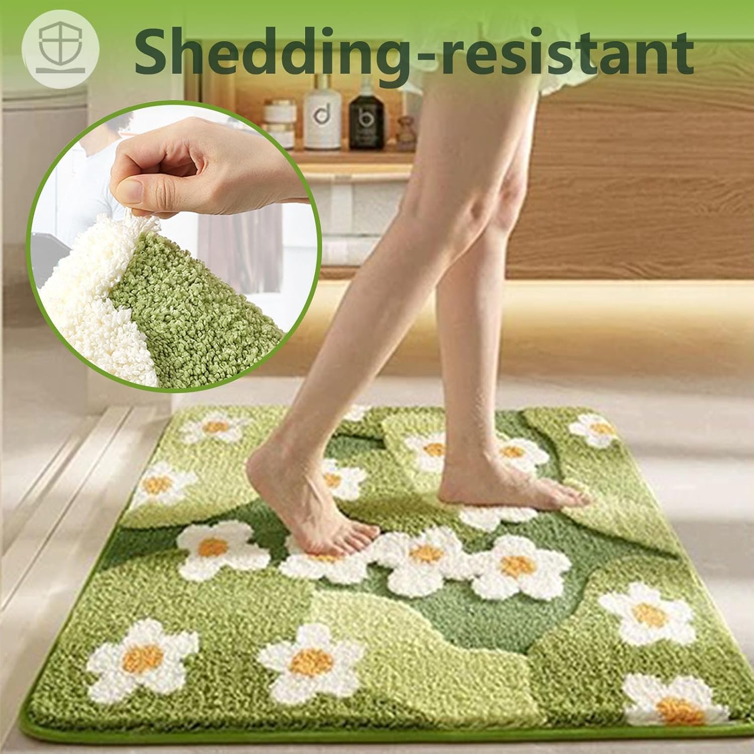 Moss Bath Mat Green Bathroom Rug,Flower Bath Mat, 32" x 20" Cute Bath Mats,Ultra Soft, Absorbent Non Slip TPR, Machine Washable Bathroom Mat,for Bathroom Door, Bedroom (Blooming, 32" x 20")