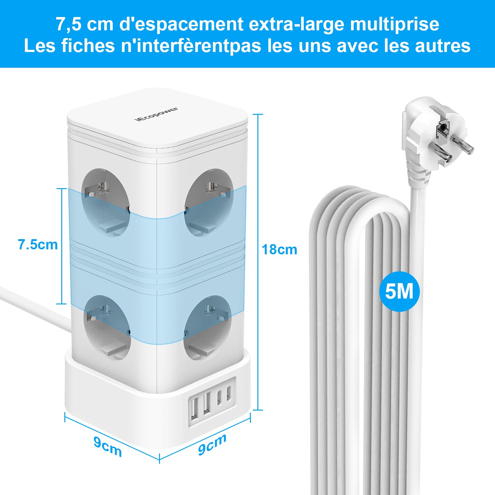 IECOPOWER Tour Multiprise avec Interrupteur,PD20W USB multiprise(2 USB-C Ports et 2 USB-A Ports),Multiprise parafoudre,4000W/16A,1050 J, rallonge Electrique 5m, Blanc