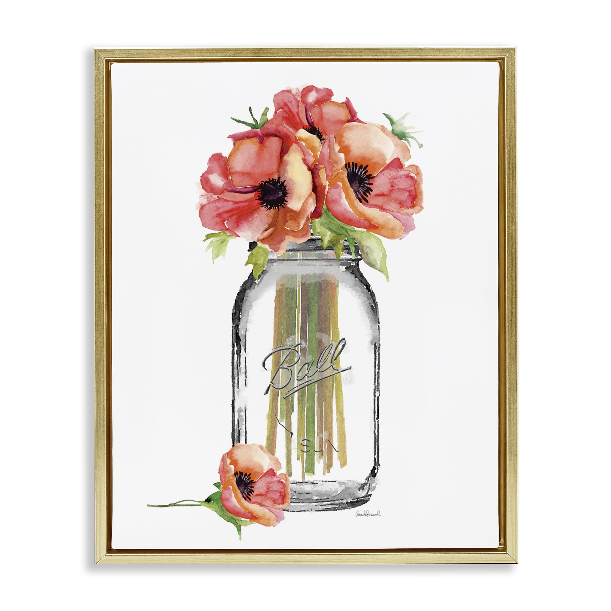 Mason Jar Poppies Floral Still Life, 24 x 30 Inch Canvas in Floater Frame