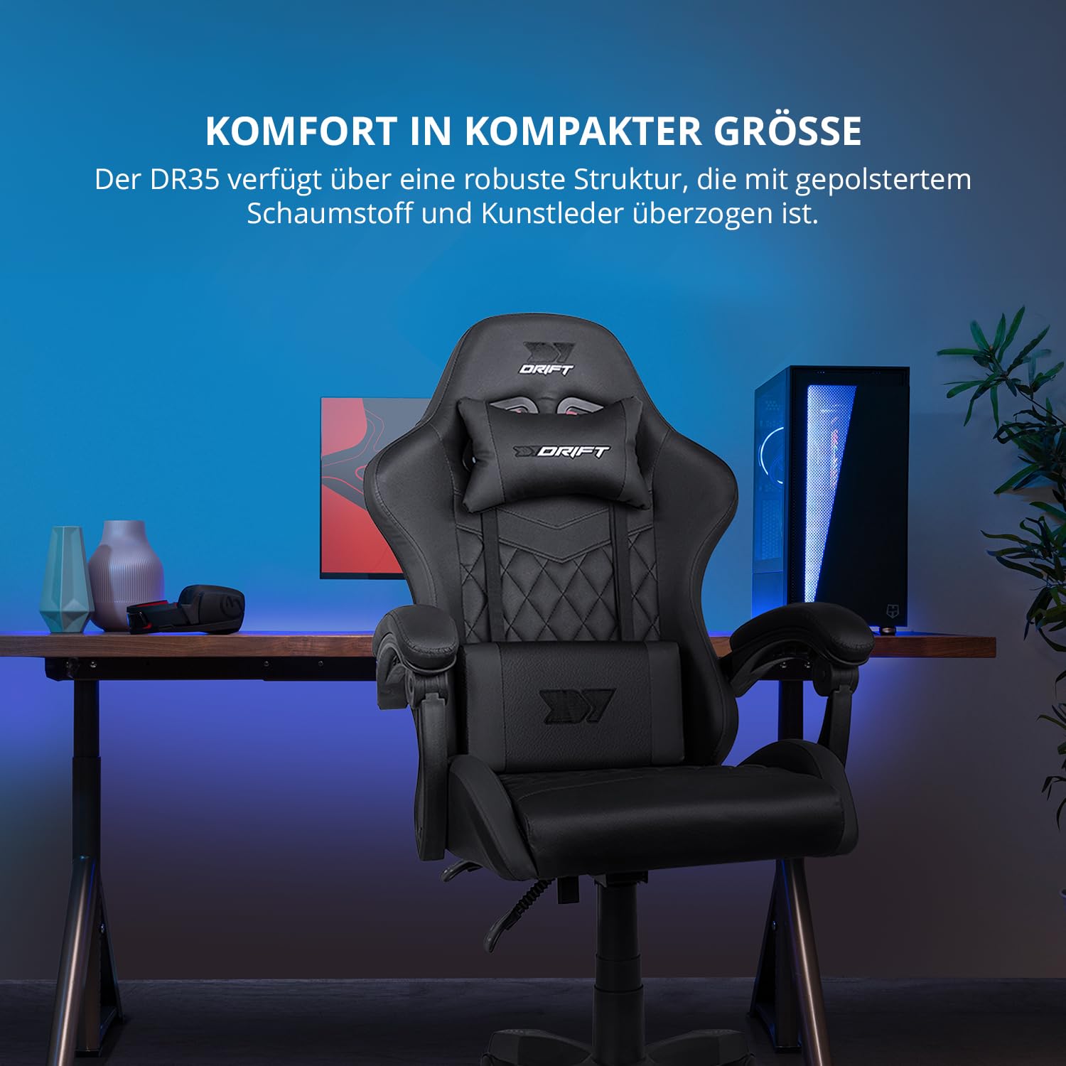 DRIFT GAMING DR35 –Professioneller Stuhl, Kunstleder, gepolsterte Armlehnen, Kolben der Klasse 3, verstärkte Nylonbasis, neigbarer Sitz, höhenverstellbar, Lenden-/Halswirbelsäulenkissen, Schwarz