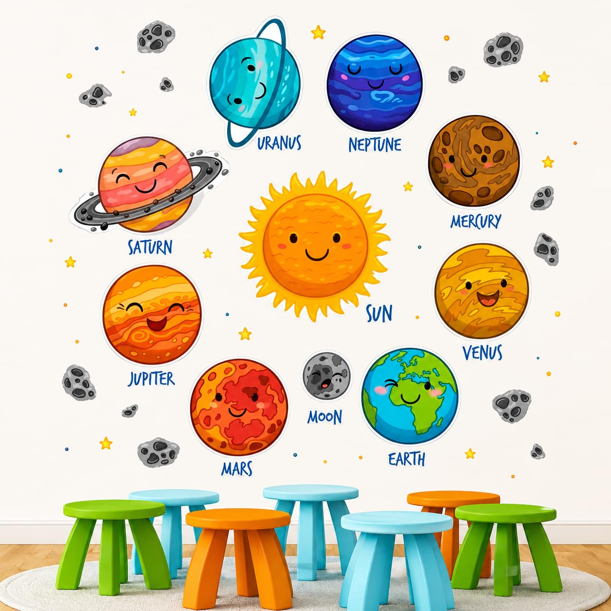 DREAM DECALS Solar System Kids Room Wall Sticker for Bedroom Nursery Playroom Decor | Cartoon Space Planets Sun Moon Earth Mars Jupiter Saturn Venus Mercury Uranus Neptune Wall Decal |