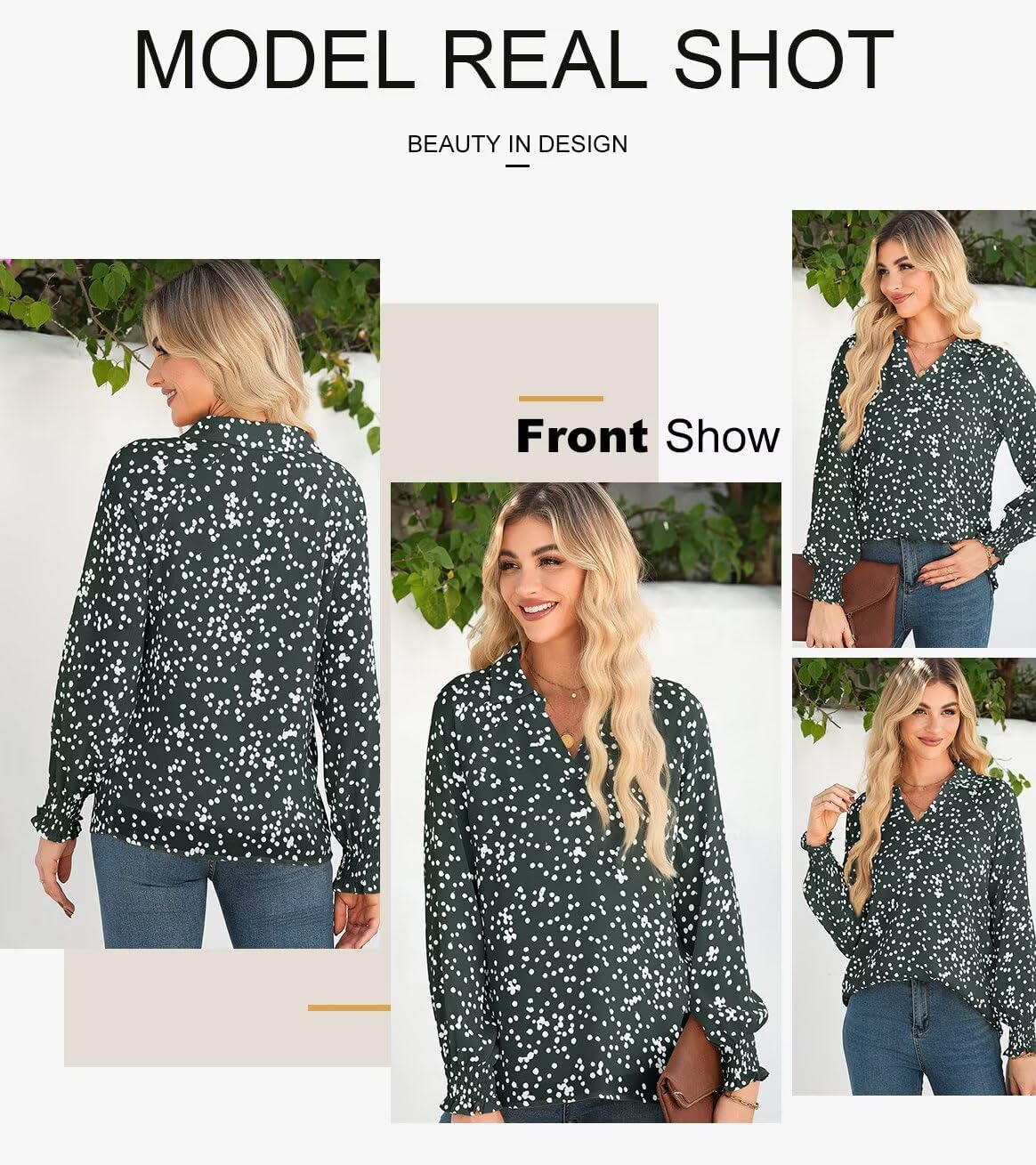Astylish Womens Fashion Smocked Raglan Sleeves V Neck Collared Tops Chiffon Alicia Flower Print Blouses Spring Dressy Shirts Work Business Boho Tunic Green X-Large - Image 4