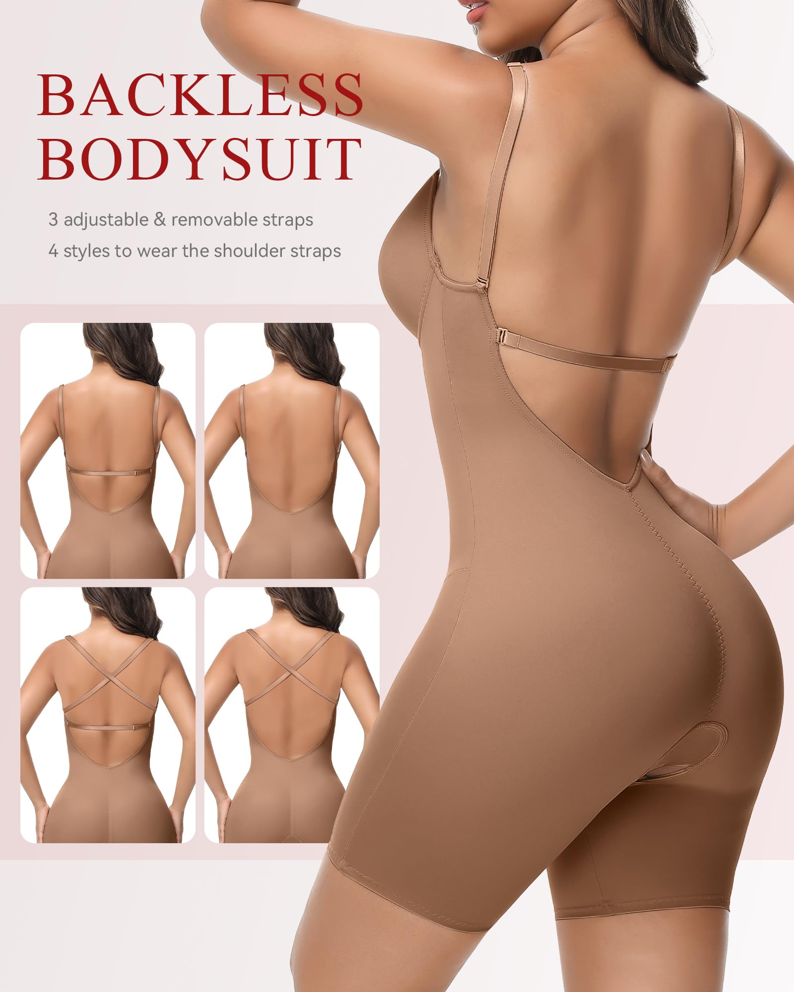 SHAPSHE, Body modellante da donna aperto sulla schiena, senza spalline, con scollo a U profondo, con reggiseno integrato, per il controllo della pancia e per modellare la schiena