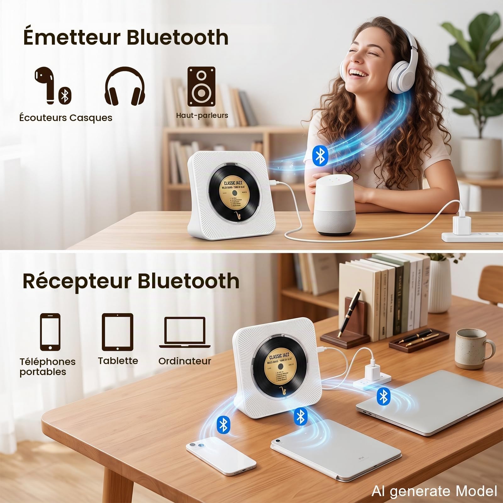 Gueray Lecteur CD Portable Mural Lecteurs CD Bluetooth de Bureau pour la Maison, Double Haut-parleurs HiFi Intégrés, Prise AUX et Casque, Radio FM Boombox avec Télécommande Port USB Écran LCD