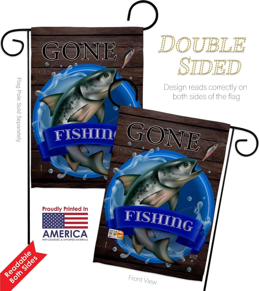 Gone Fishing Garden Flag Set Wall Holder Sports Outdoor Camping Fish Dock Lure Entertainment Activity Physical Small Decorative Gift Yard House Banner Double-Sided Made In USA 13 X 18.5