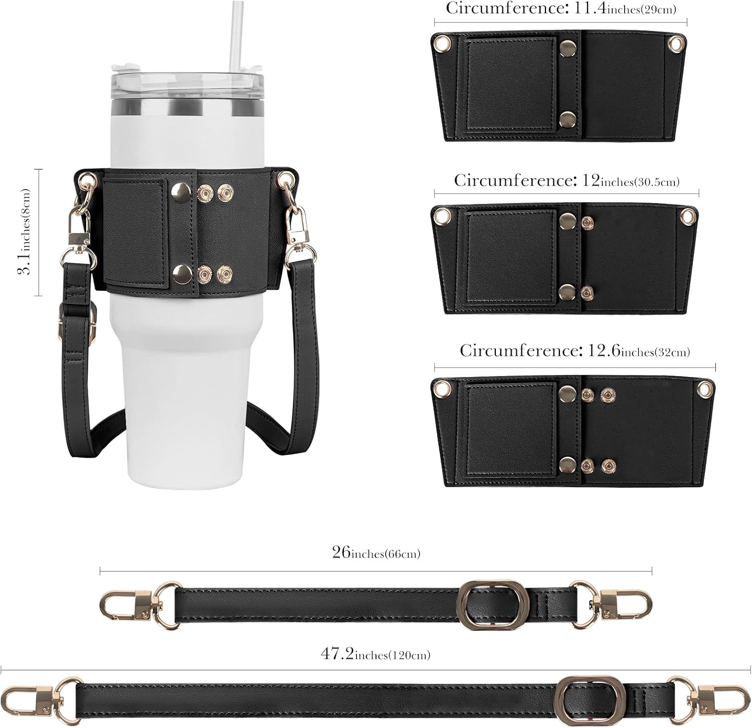 Linkidea Water Bottle Holder with Strap Compatible with Stanley Quencher H2.0 30oz/40oz, Simple Modern 40oz Tumbler, Vegan Leather Waterbottle Bag Holder, Shoulder Strap with Keyring, Black - Image 2