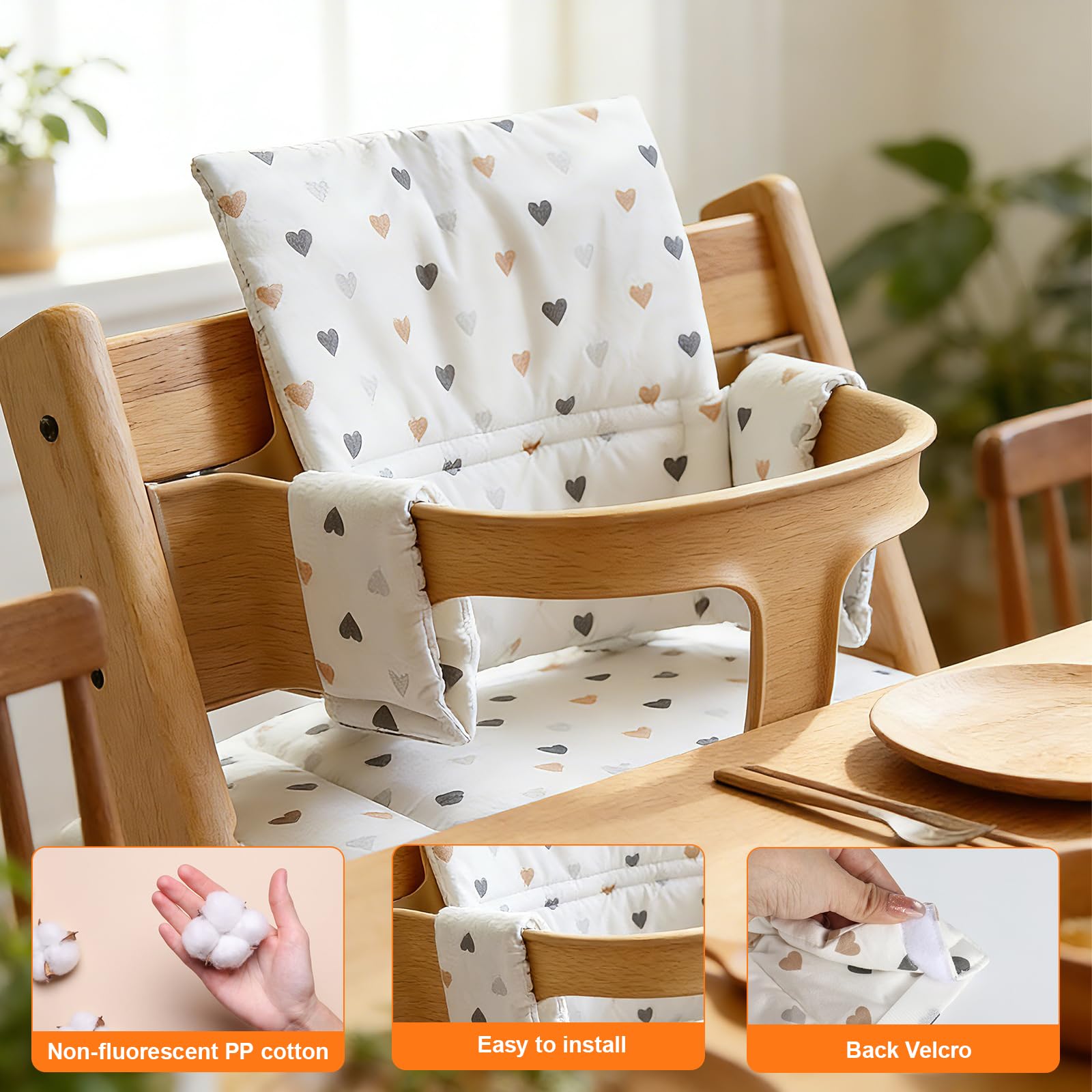 Set di cuscini per seggiolone, adatto per Stokke Tripp Trapp, 2 pezzi, 100% cotone biologico, morbido cuscino per seggiolone con chiusura in