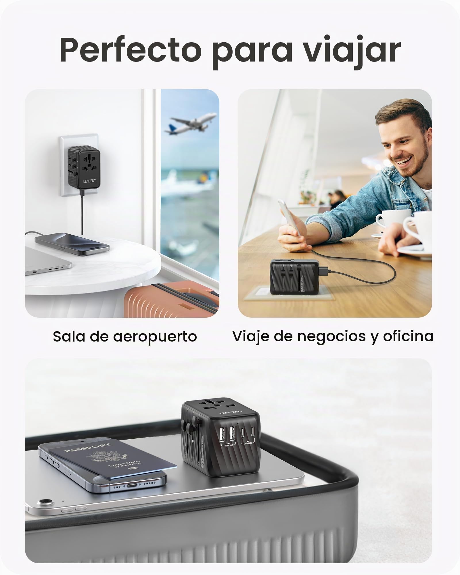LENCENT Adaptador Enchufe Universal 30W, Cargador Internacional | con 3 USB-C+2 USB-A Carga Rápida, Adaptador Enchufe Europeo para Móvil, Tableta, Portátil, EU/USA/UK/AU, Negro