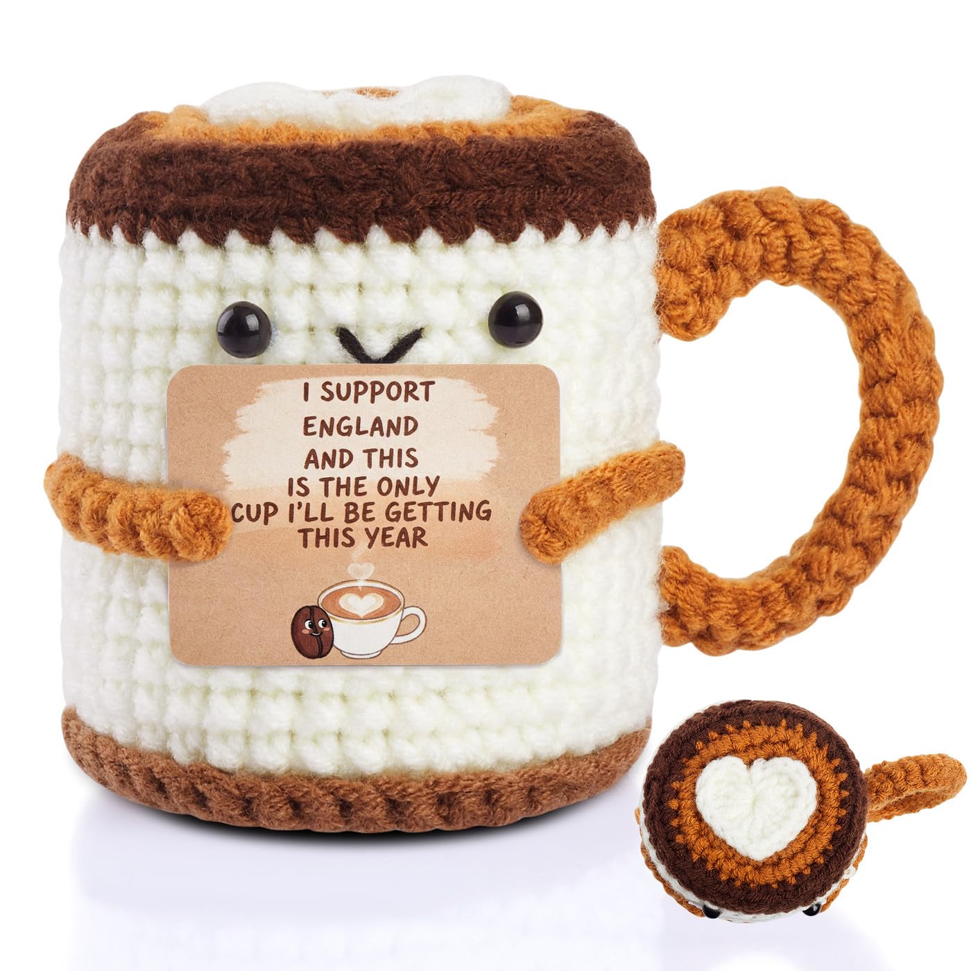 AWARDSEN Positive Crochet Coffee Cup Emotional Support Gift Cute Stuff Coffee Lover Gifts for Women Men-I SUPPORT ENGLAND AND