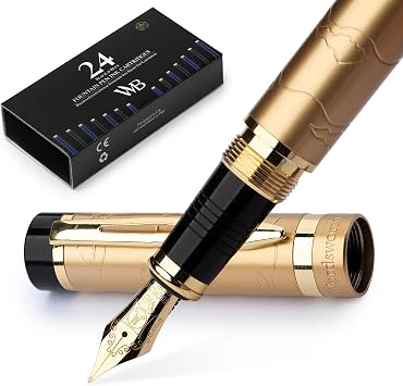 Wordsworth & Black Primori Luxury Fountain Pen Set for Writing, Medium Nib | Stunning Gold, Gift for Men Women, Metal Body, 18K German Iridium, Calligraphy, Converter + 24 Ink Cartridges, Refillable