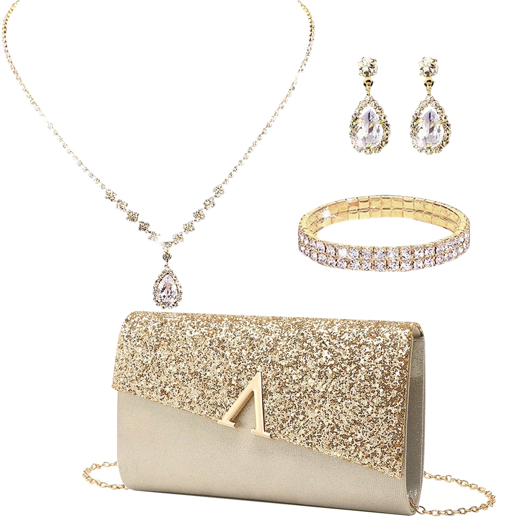 LETODE 4Pcs Clutch Bag Jewelry Set For Women Rhinestone Shiny Evening Purse Handbag Purses For Wedding Party-Gold