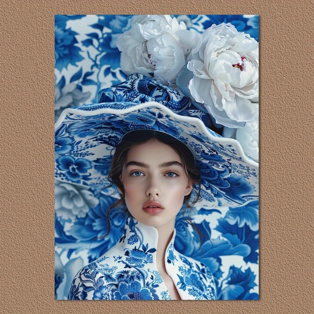 Lienzo decorativo de dama elegante, cuadro azul y blanco floral para casa, 35x45cm