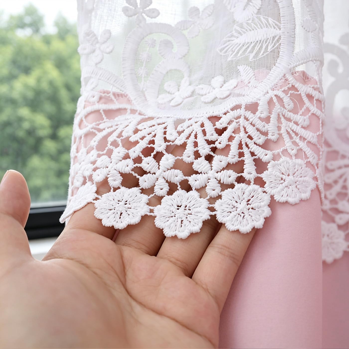 Pink Valance Lace Curtain for Small Window Cottage with Bow Decor 52Wx18L