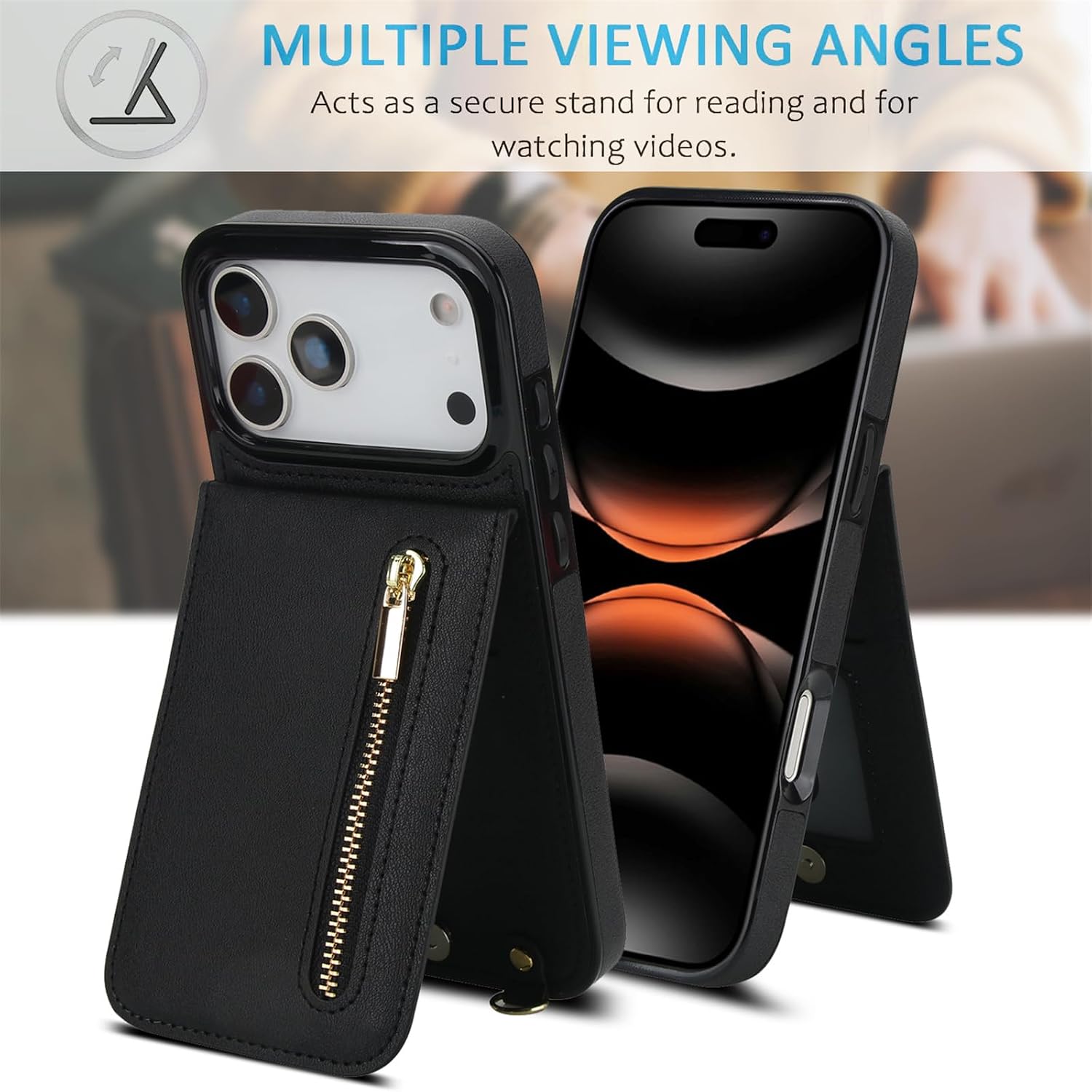for Apple iPhone 17 Pro Wallet Case with Card Holder & Lanyard for Women, PU Leather Flip Folio Protective Cover with Adjustable Crossbody Wrist Strap for iPhone 17 Pro Zipper-Black