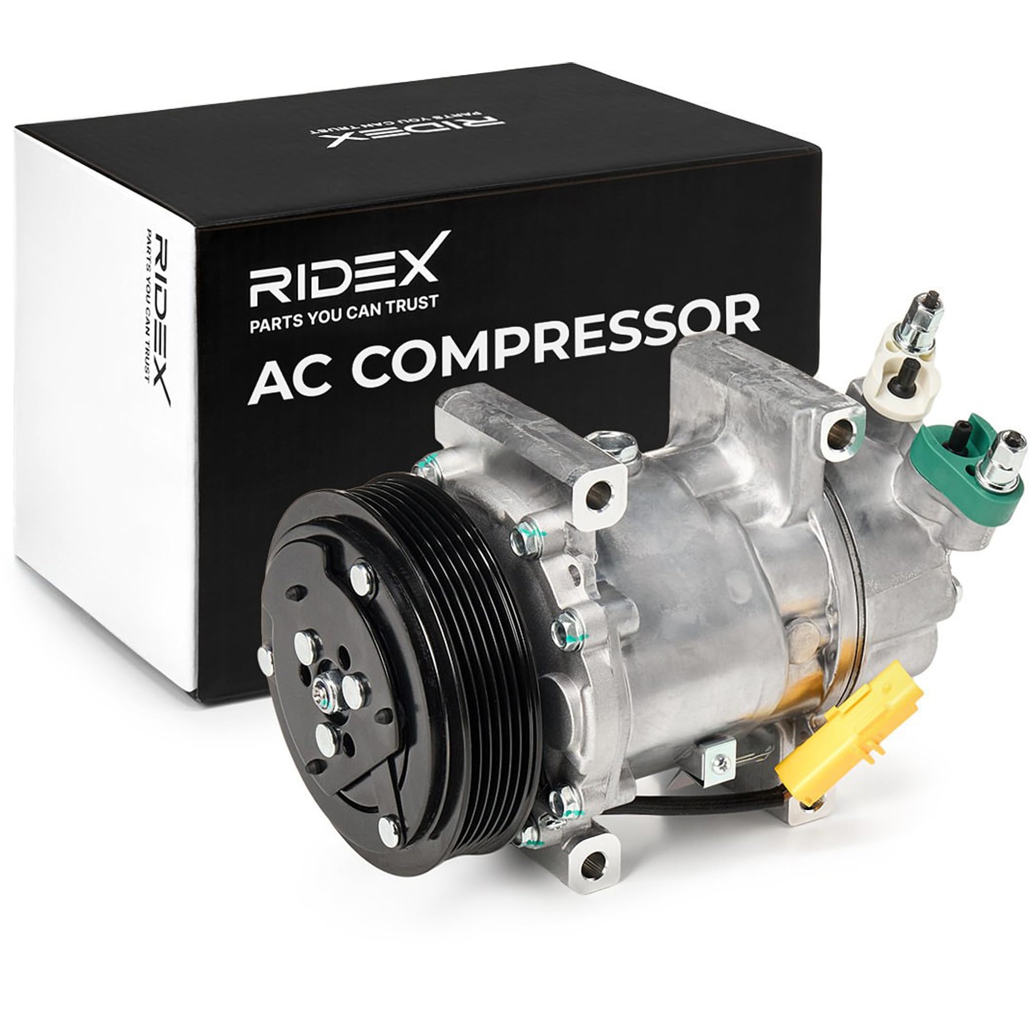 RIDEX 447K0105 Compresor aire acondicionado con aceite de compresor PAG con acoplamiento magnético con diodo Compatible con RENAULT Clio IV Grandtour KH