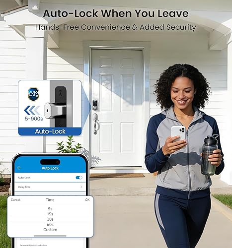 Miniatura 7 de Veise VE07-H Cerraduras inteligentes de huellas dactilares para puerta delantera con juego de manija, control de aplicación, cerrojo de teclado