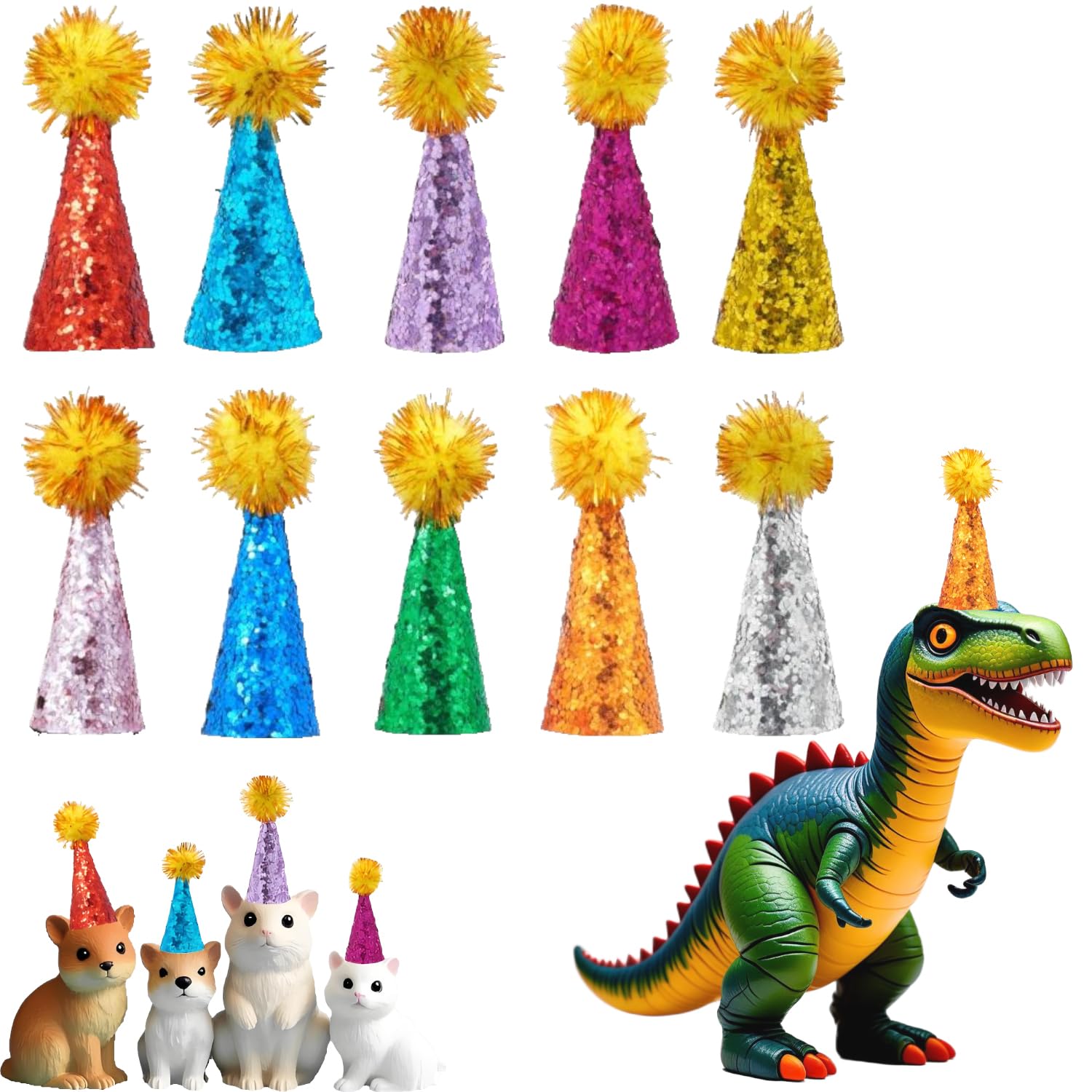 BIPY 10 Pack Mini Party Hats for Stuffed Animal Figures Dinosaurs Toys Tiny Hats for Crafts Doll Headwear Hamster Bird Adjustable Miniature Hat with Tinsel Pom Birthday Cake Toppers Accessories