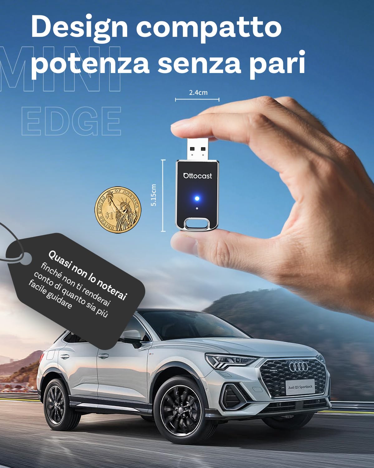 Ottocast Mini Edge 2025 Aggiornato, Adattatore Wireless 2 in 1 CarPlay & Android Auto per iOS 10+ e Android 11+, Supporto Multi-Utente, Plug & Play Trasforma CarPlay/Android Auto cablato in wireless