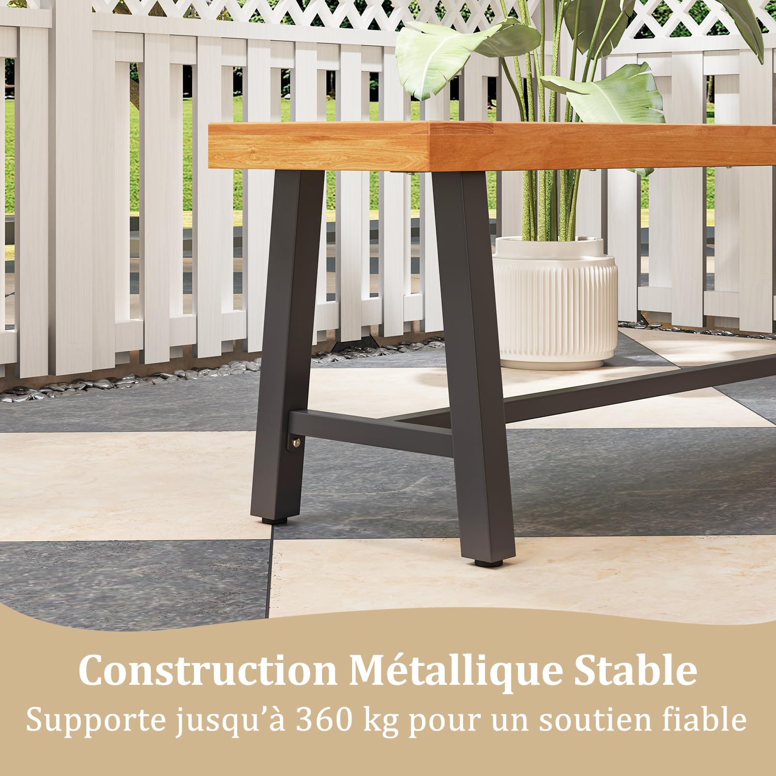 COSTWAY Lot de 2 Banc Exterieur Jardin en Bois d’Acacia, Banc de Jardin à 3 Places, Capacité 360 kg, Coussinets Antidérapants, Pieds en Métal, Banquette pour Cour Porche Terrasse, 160 x 32 x 45 cm