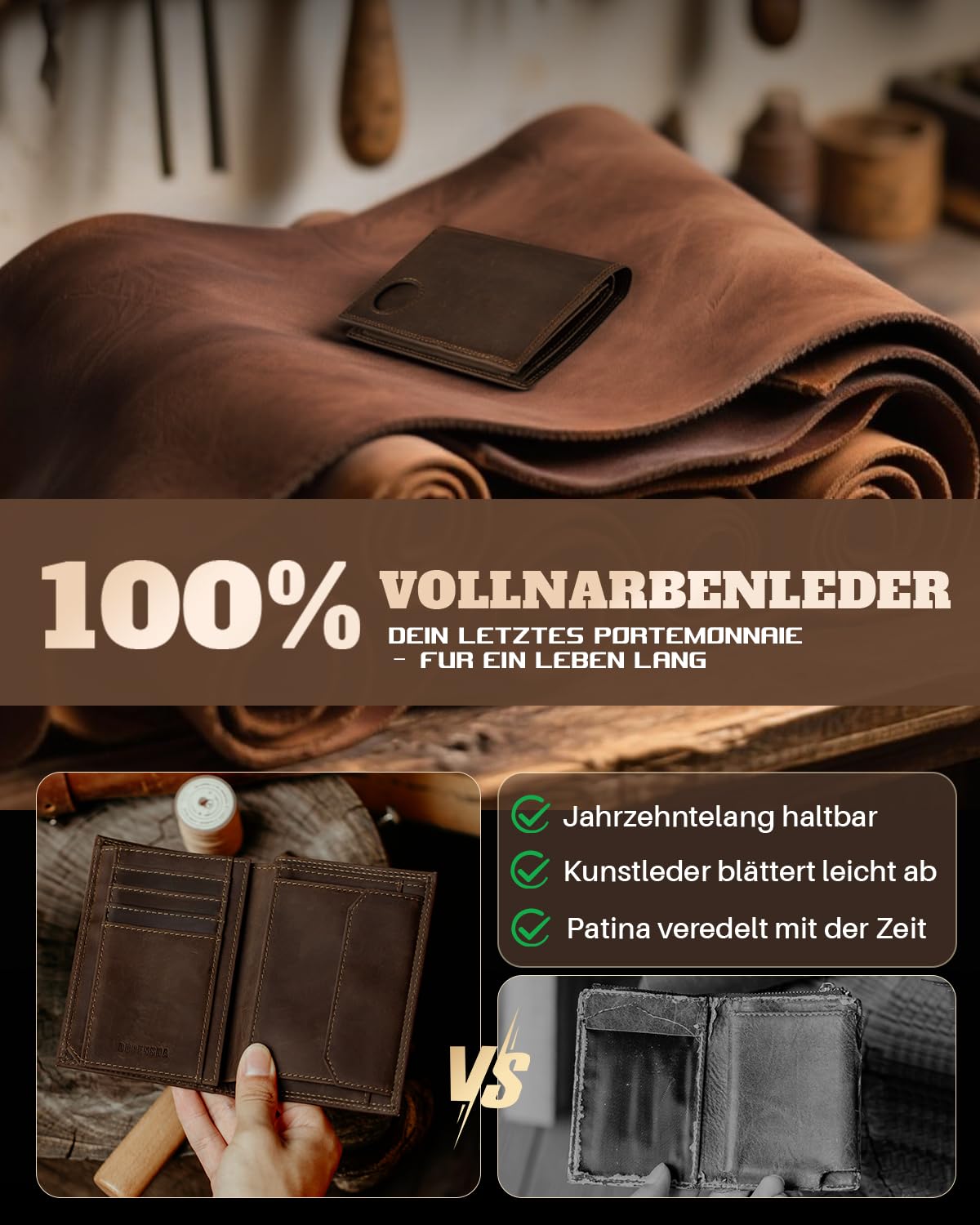 DODENSHA Portmonee Herren mit Airtag Fach und RFID Schutz | Geldbörse Herren aus 100% Echtleder mit XL Münzfach für 20 Münzen | Smart Wallet für 13 Karten in Geschenkbox (Dunkelbraun)
