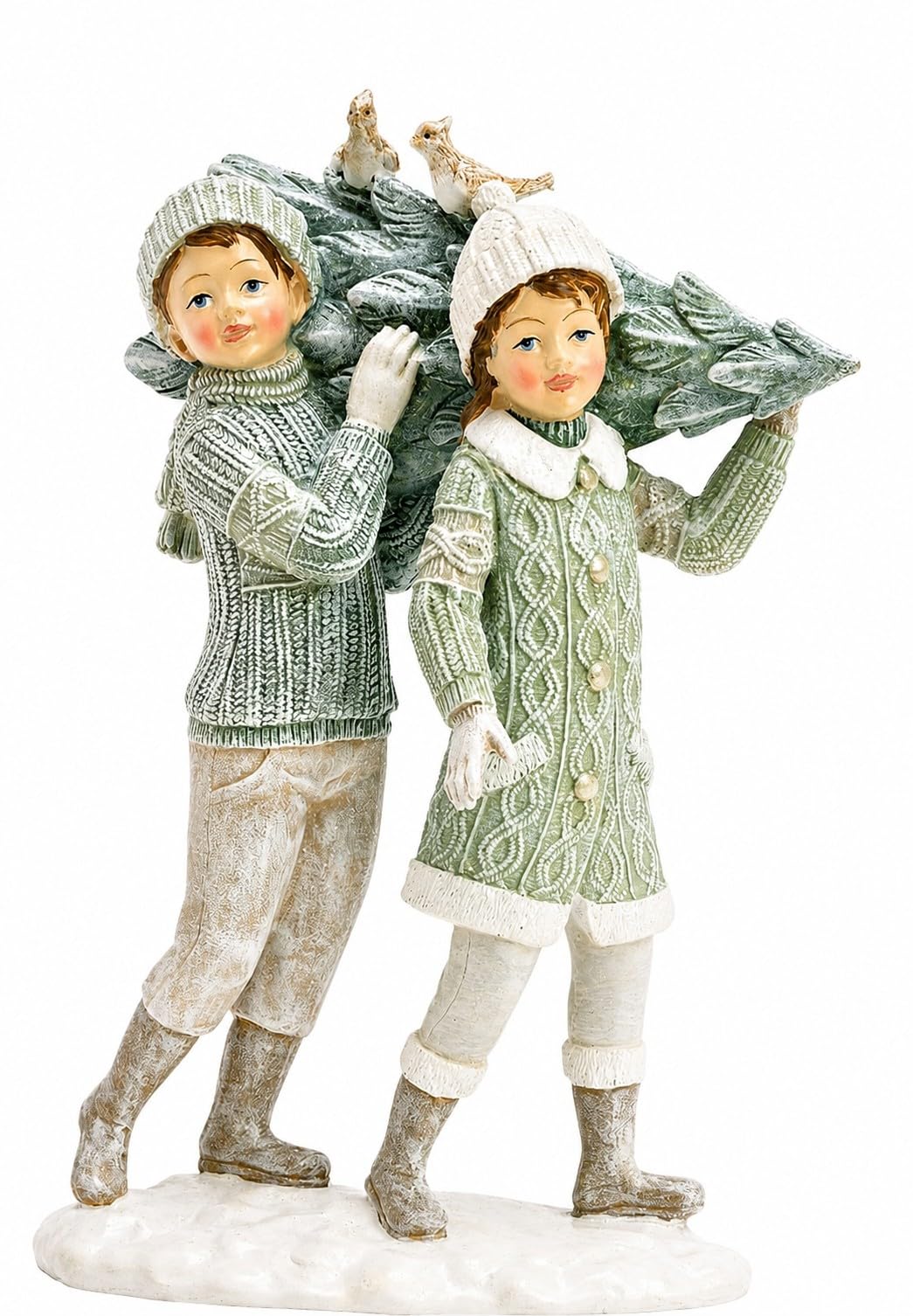 Deko-Figuren Winter-Kinder Mädchen & Junge mit Tannenbaum & Vögeln Pastellfarben Weihnachts-Dekoration in weiß Creme & grün Weihnachten Weihnachtsschmuck Advent Winter Geschenk-Idee