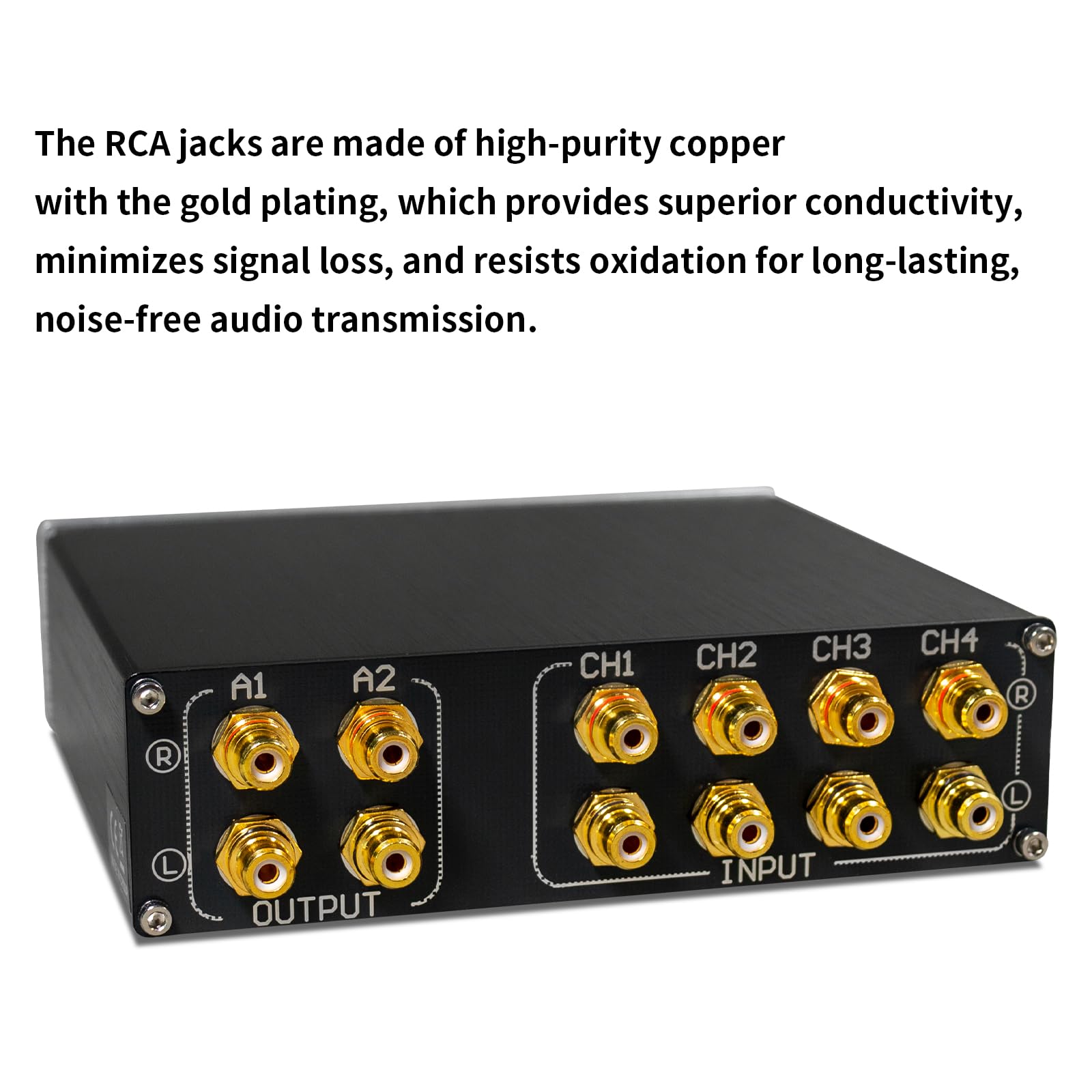 Switch Box audio RCA 4 in 2 Out - Selettore commutatore audio stereo passivo con jack RCA placcati oro e custodia in lega di alluminio, selettore di ingresso a 4 vie per lettore CD, TV, amplificatore