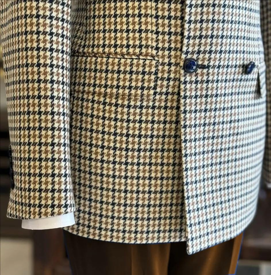 Premium Mens Houndstooth Dogstooth Tweed Plaid Slim Fit Jacket Prom Wedding Suit3